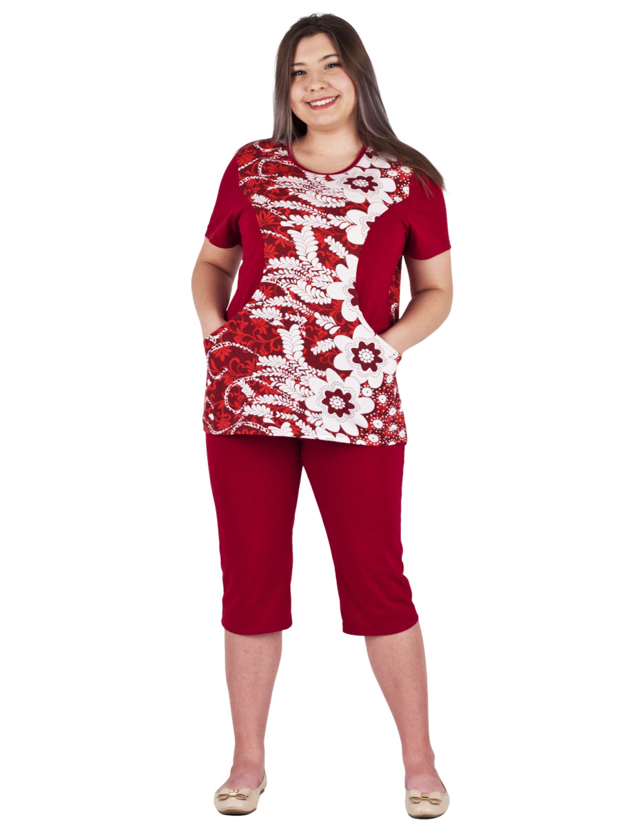 Комплект женский футболка и капри КК-04 абстракция 472 + бордовый - фото 2