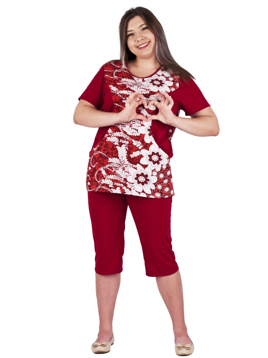 Комплект женский футболка и капри КК-04 абстракция 472 + бордовый - фото 4