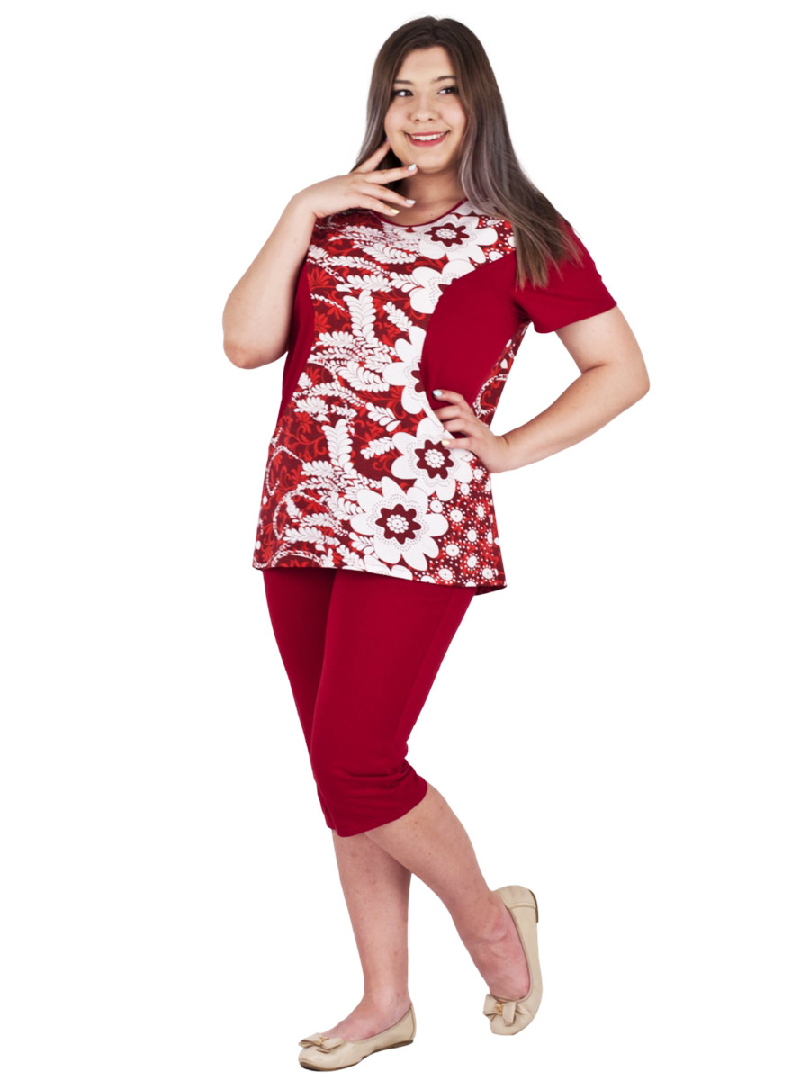 Комплект женский футболка и капри КК-04 абстракция 472 + бордовый - фото 5