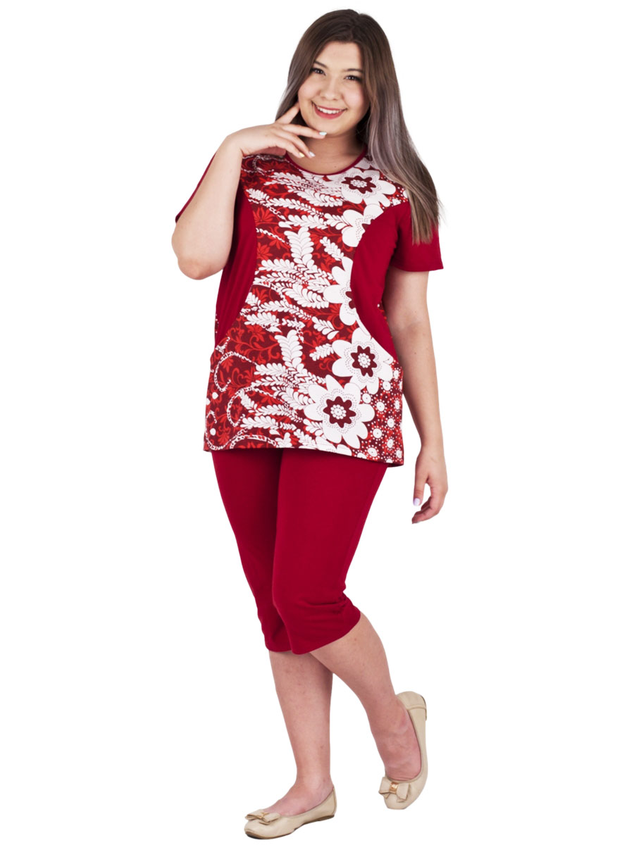 Комплект женский футболка и капри КК-04 абстракция 472 + бордовый - фото 1
